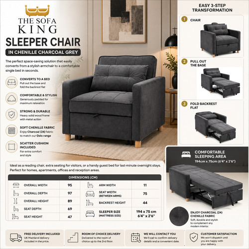 Charcoal grey sleeper - chair, |